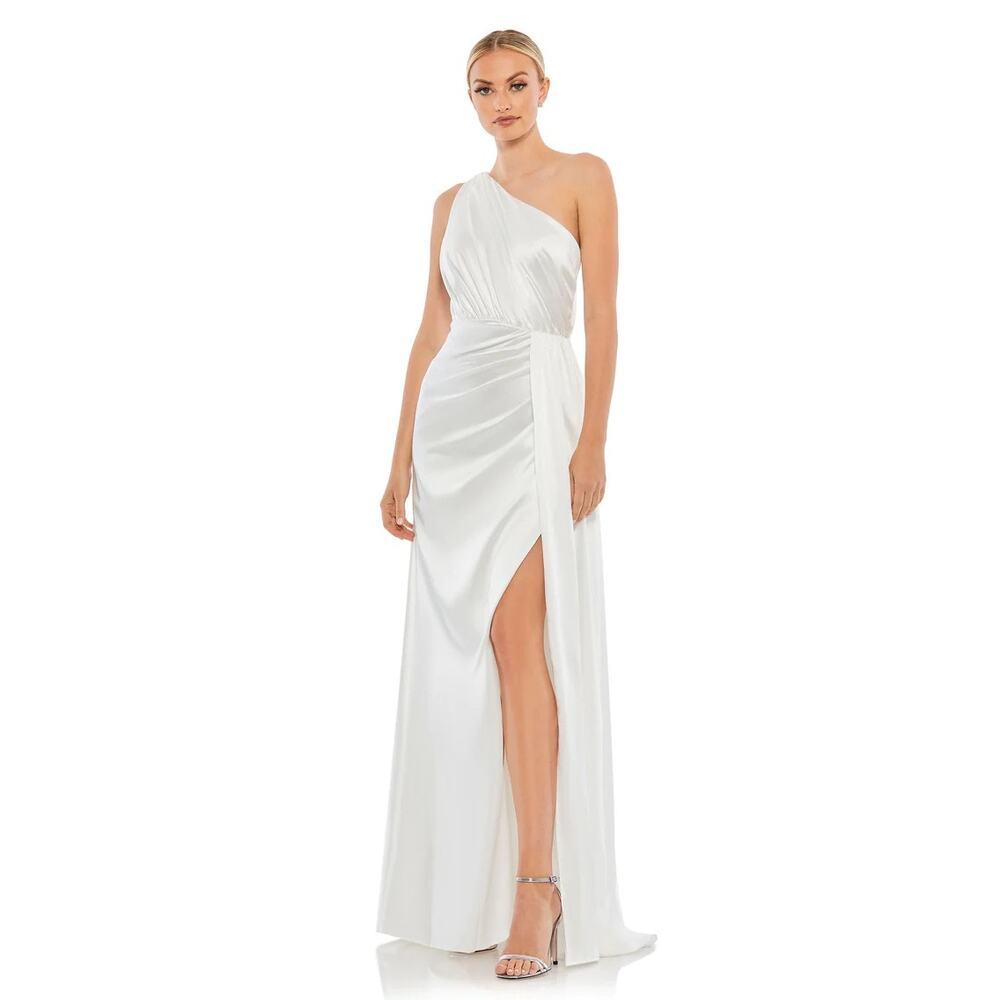 Mac Duggal 26654 White Gathered One Shoulder Satin Faux Wrap Gown